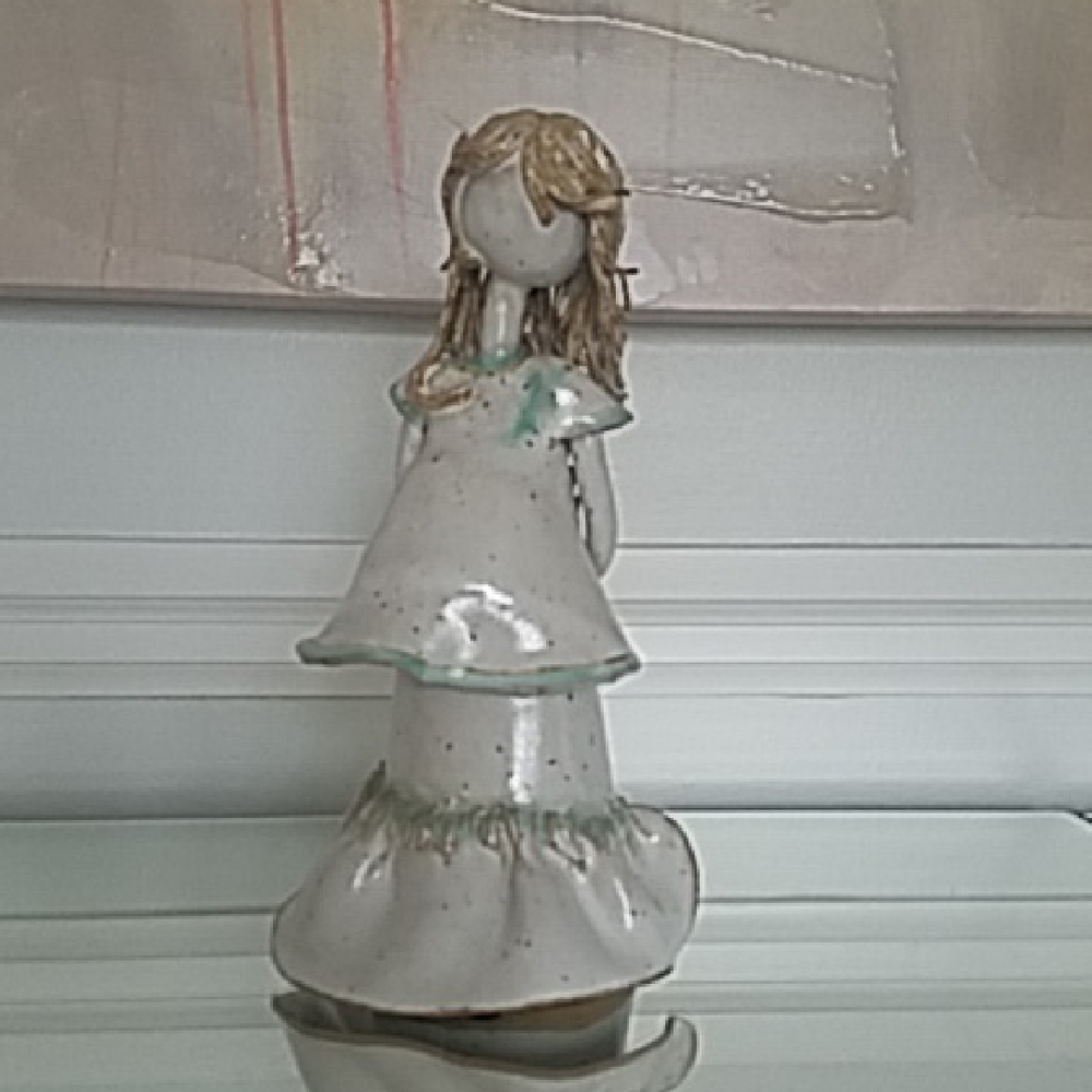 Vintage Signed H. Fortin Handcrafted Faceless Glazed Pottery Pregnant Figurine
